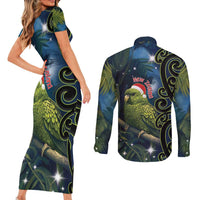 New Zealand Christmas Couples Matching Short Sleeve Bodycon Dress and Long Sleeve Button Shirt Cute Kakapo Meri Kirihimete Maori Koru