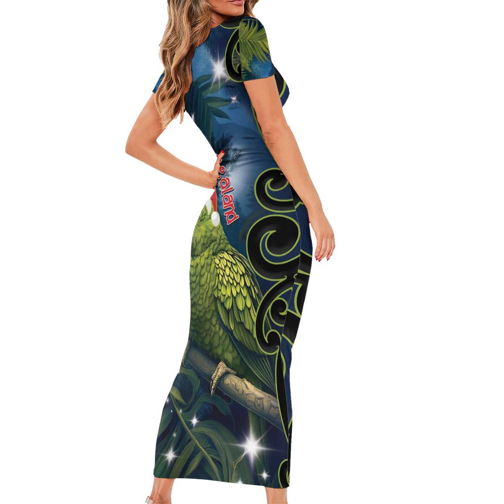 New Zealand Christmas Short Sleeve Bodycon Dress Cute Kakapo Meri Kirihimete Maori Koru