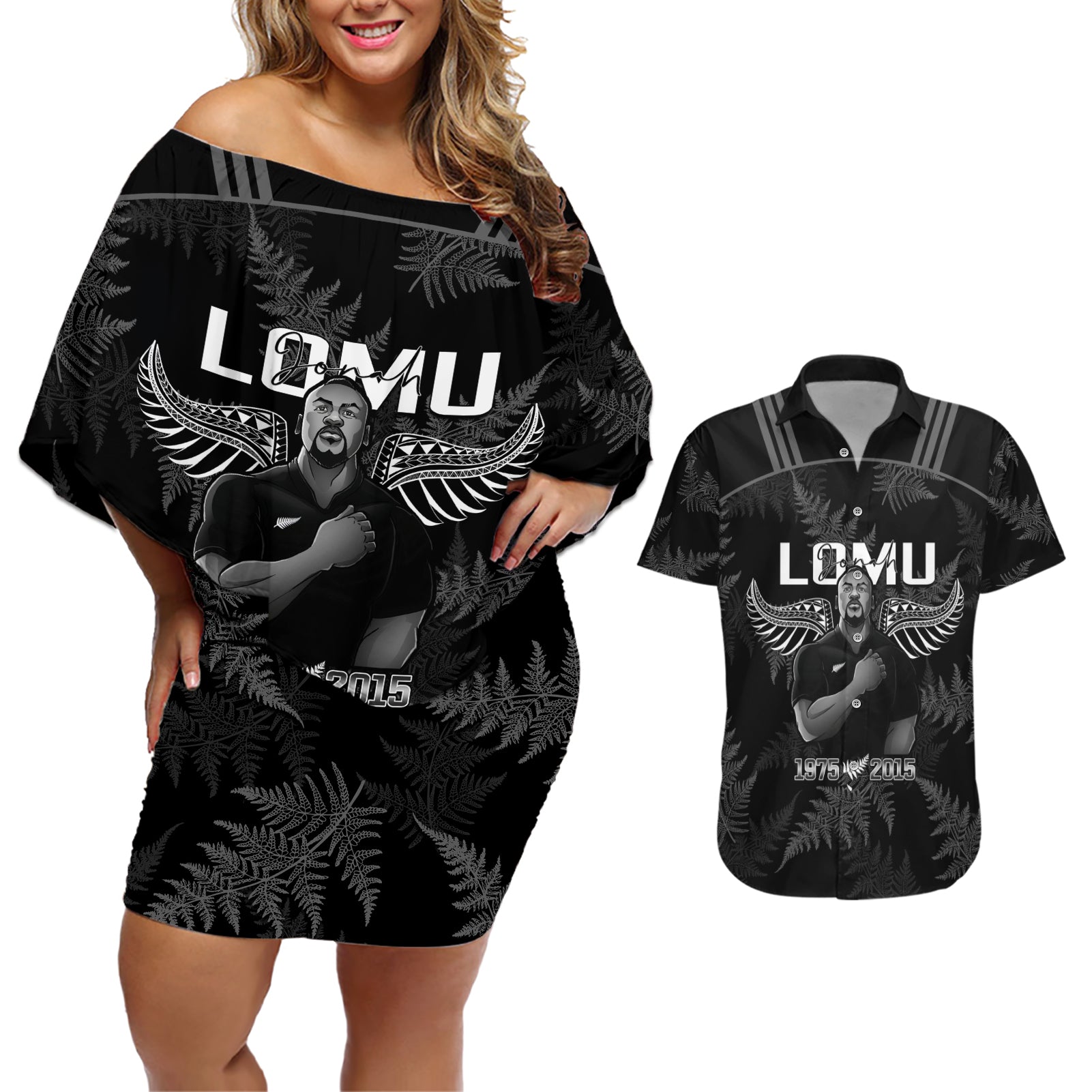 New Zealand Silver Fern Rugby Couples Matching Off Shoulder Short Dress and Hawaiian Shirt Aotearoa Godfather Proud Gone But Never Forgotten LT14 Black - Polynesian Pride