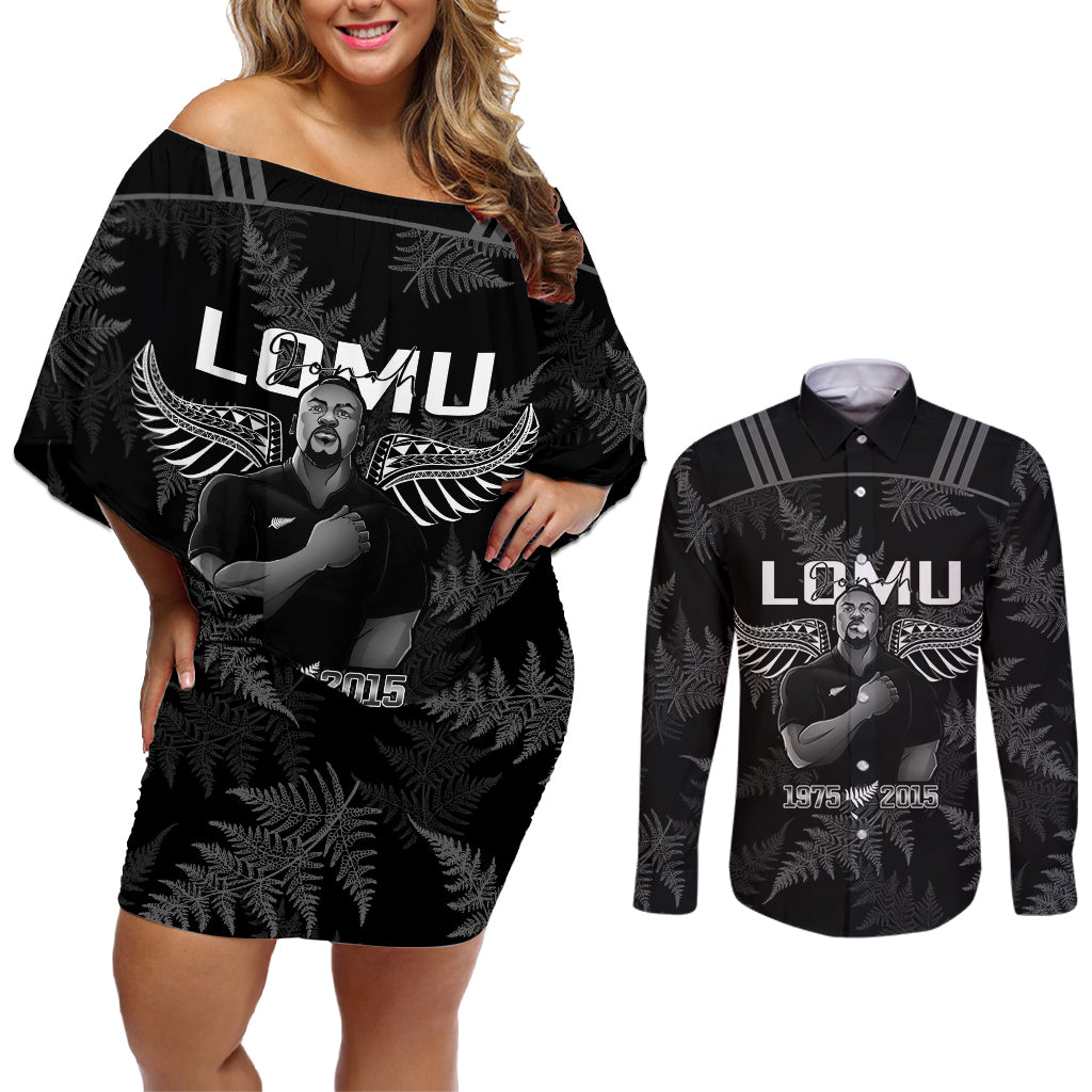 New Zealand Silver Fern Rugby Couples Matching Off Shoulder Short Dress and Long Sleeve Button Shirt Aotearoa Godfather Proud Gone But Never Forgotten LT14 Black - Polynesian Pride