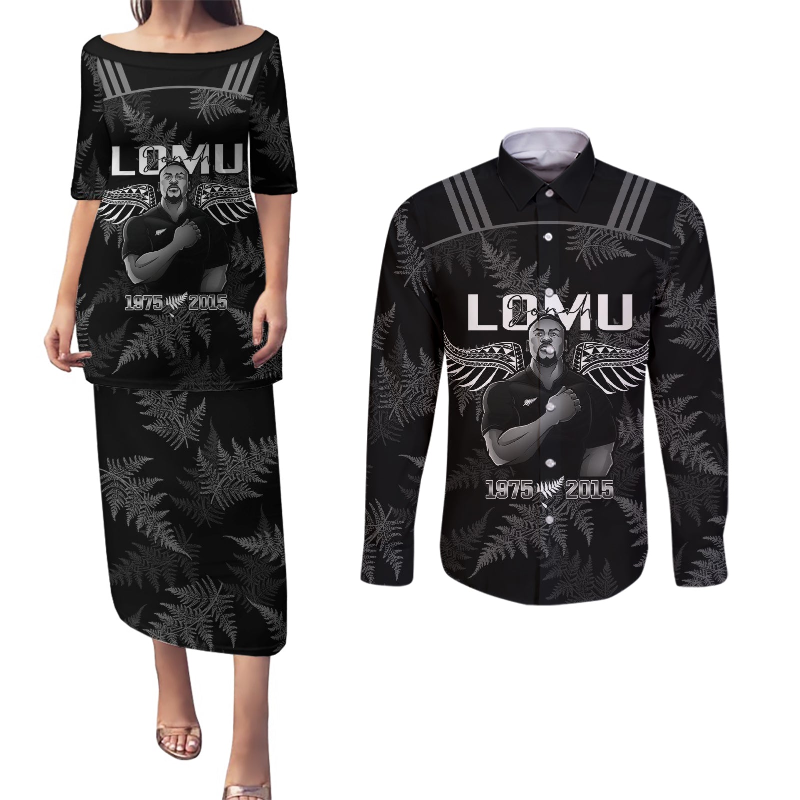 New Zealand Silver Fern Rugby Couples Matching Puletasi Dress and Long Sleeve Button Shirt Aotearoa Godfather Proud Gone But Never Forgotten LT14 Black - Polynesian Pride