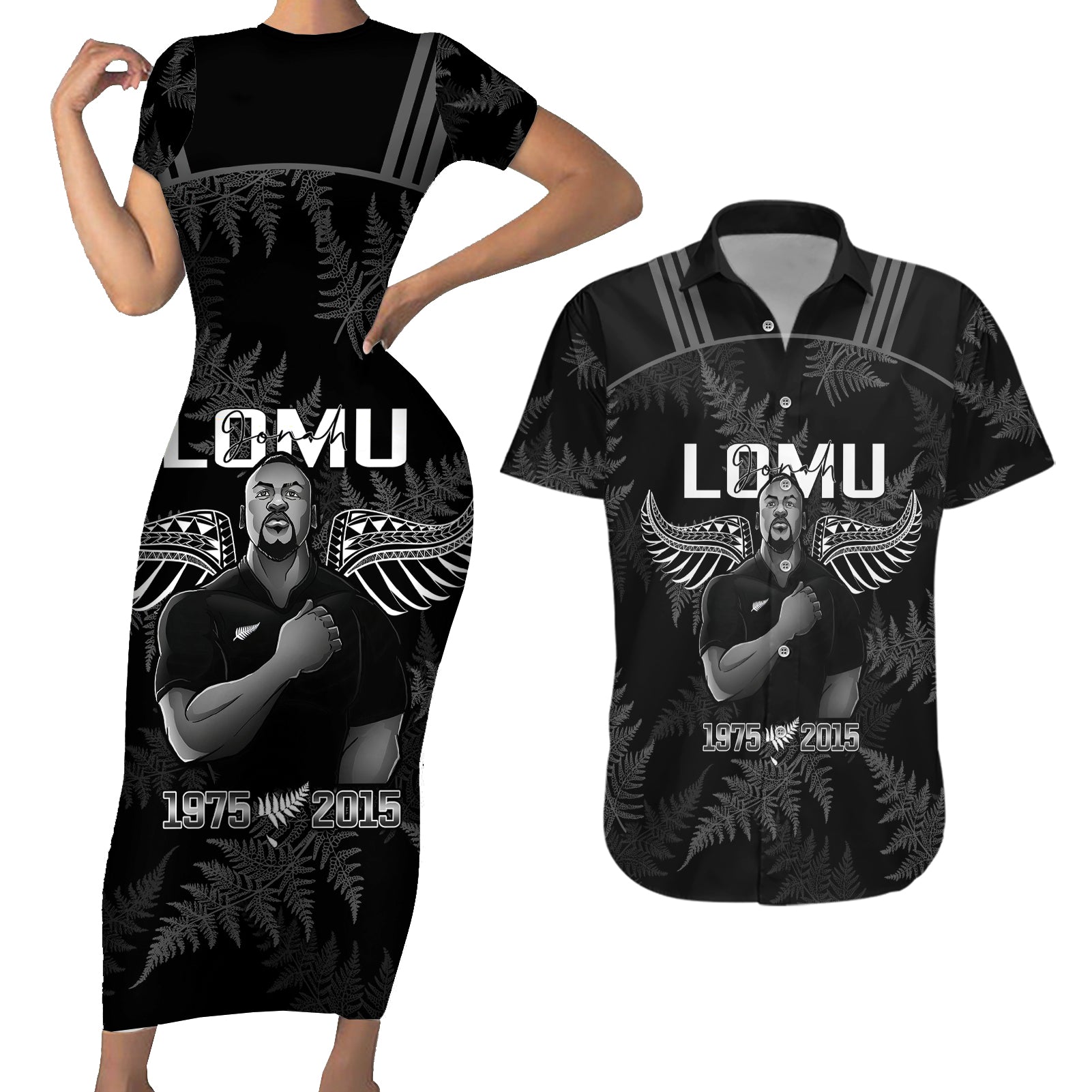New Zealand Silver Fern Rugby Couples Matching Short Sleeve Bodycon Dress and Hawaiian Shirt Aotearoa Godfather Proud Gone But Never Forgotten LT14 Black - Polynesian Pride