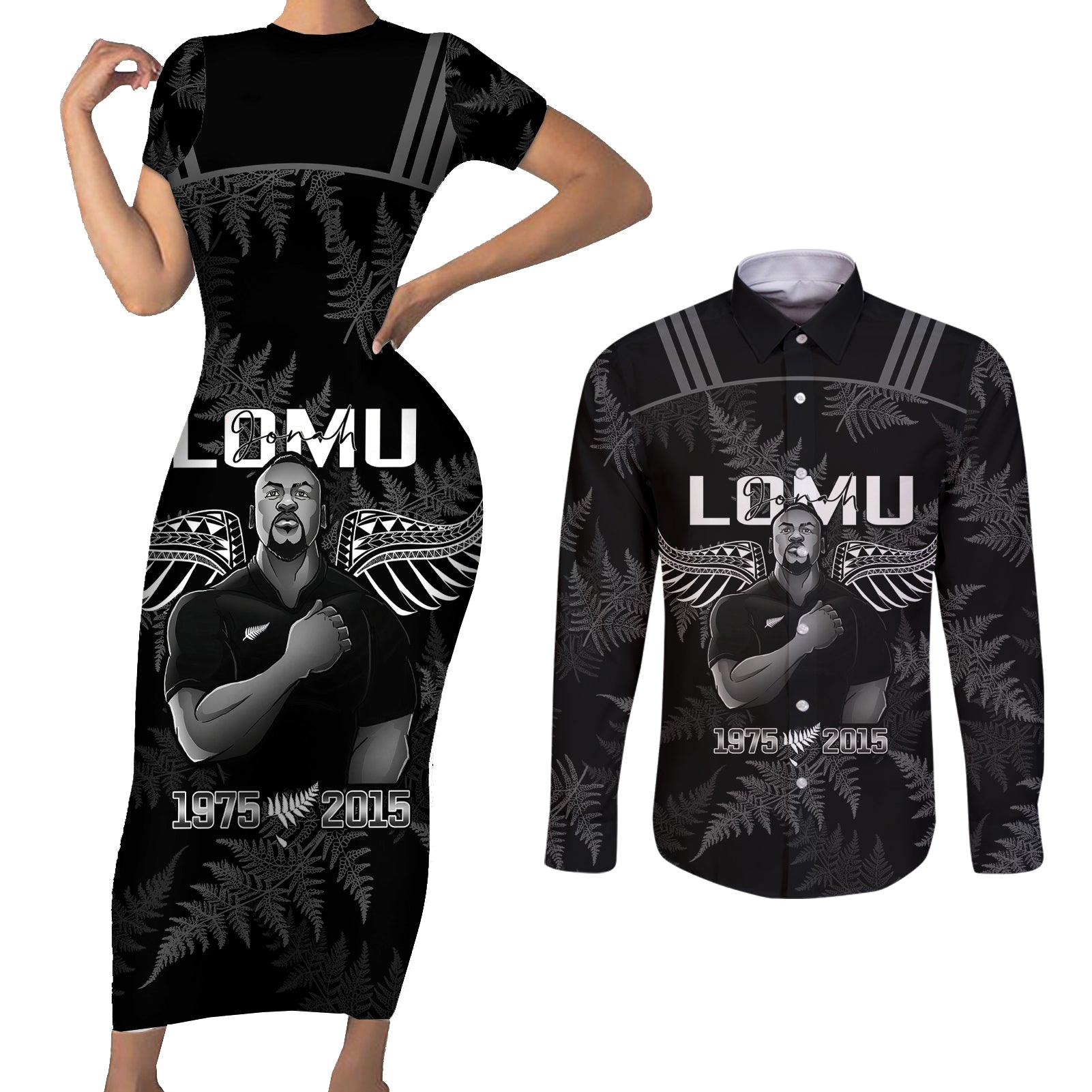 New Zealand Silver Fern Rugby Couples Matching Short Sleeve Bodycon Dress and Long Sleeve Button Shirt Aotearoa Godfather Proud Gone But Never Forgotten LT14 Black - Polynesian Pride