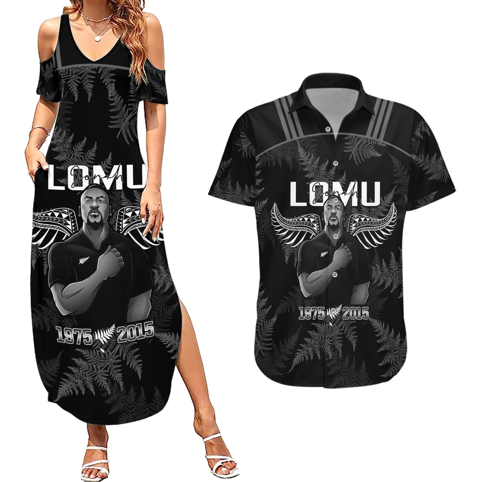 New Zealand Silver Fern Rugby Couples Matching Summer Maxi Dress and Hawaiian Shirt Aotearoa Godfather Proud Gone But Never Forgotten LT14 Black - Polynesian Pride