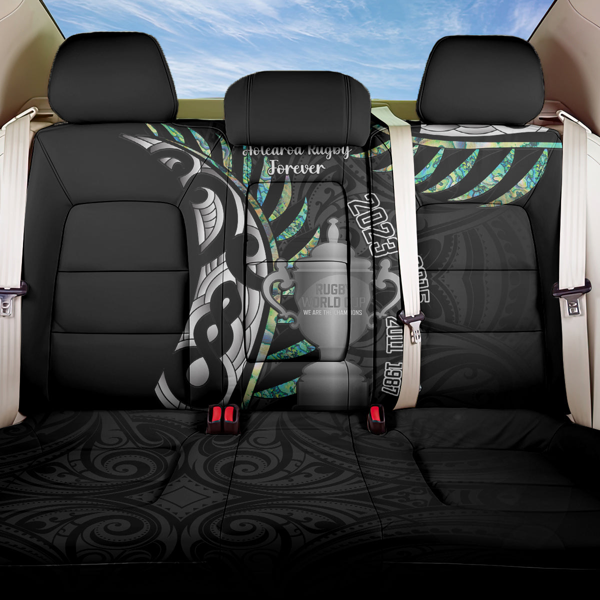 Personalised New Zealand Silver Fern Rugby Back Car Seat Cover Paua Shell With Champions Trophy History NZ Forever