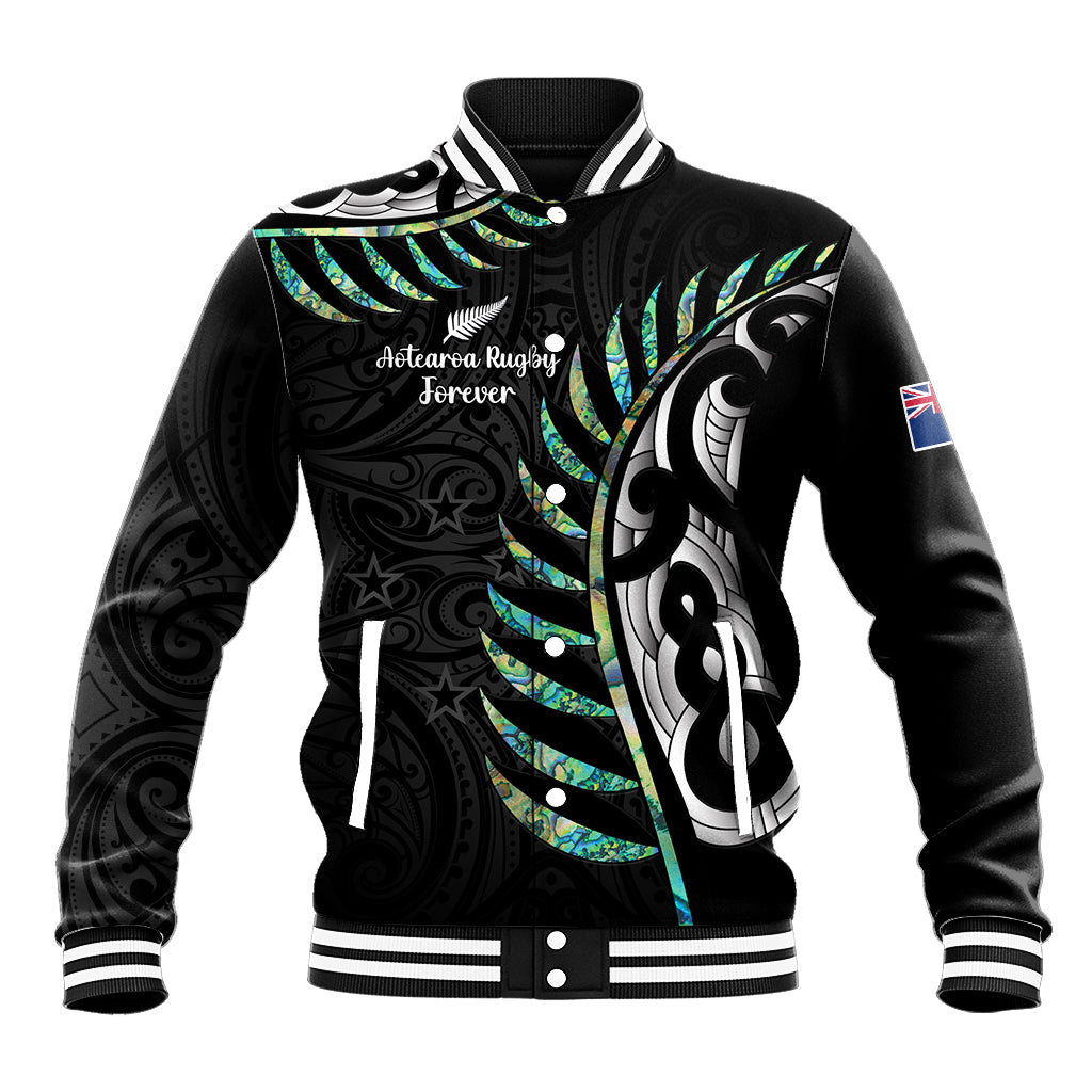 Personalised New Zealand Silver Fern Rugby Baseball Jacket Paua Shell With Champions Trophy History NZ Forever LT14 Unisex Black - Polynesian Pride