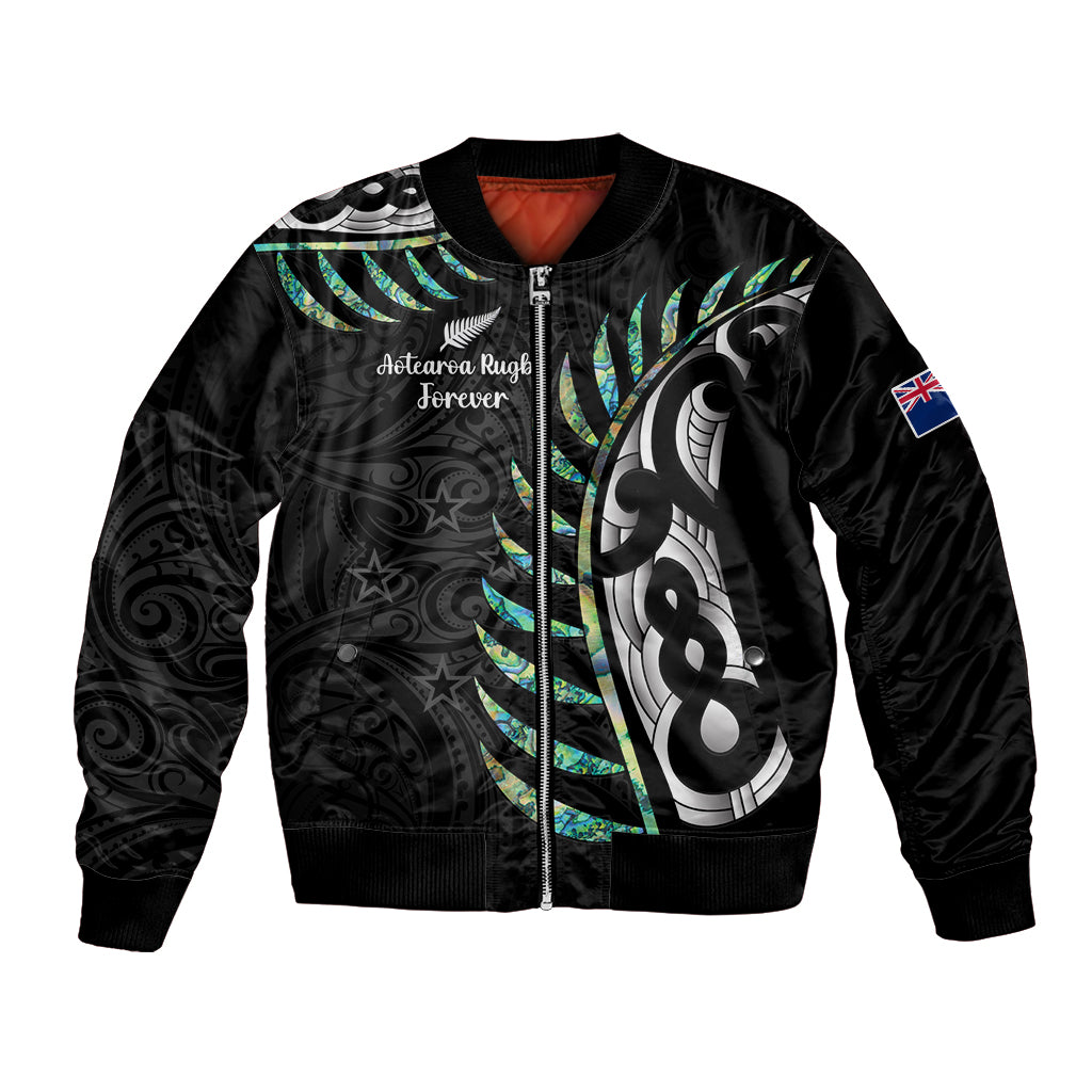 Personalised New Zealand Silver Fern Rugby Bomber Jacket Paua Shell With Champions Trophy History NZ Forever LT14 Unisex Black - Polynesian Pride