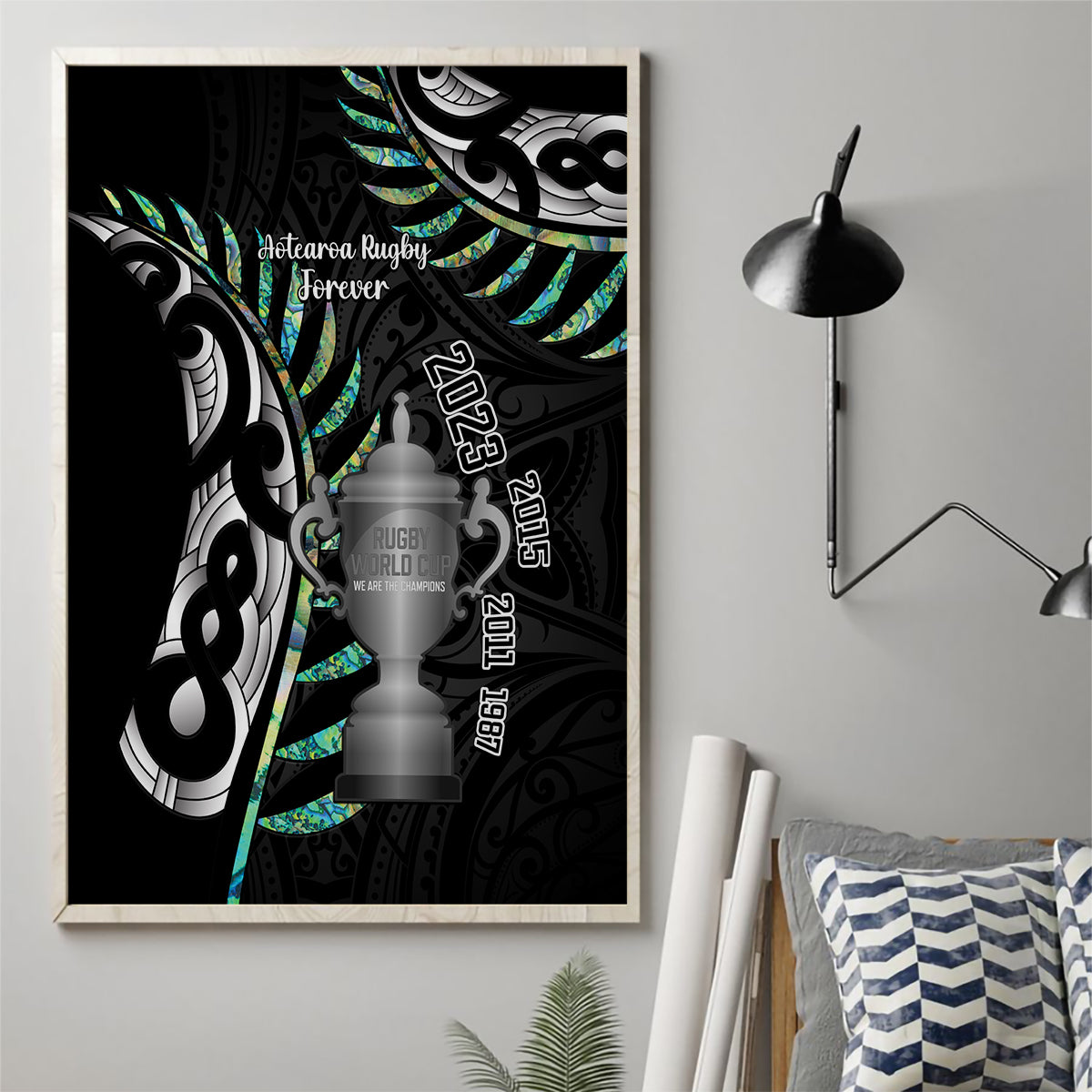 Personalised New Zealand Silver Fern Rugby Canvas Wall Art Paua Shell With Champions Trophy History NZ Forever LT14 - Polynesian Pride