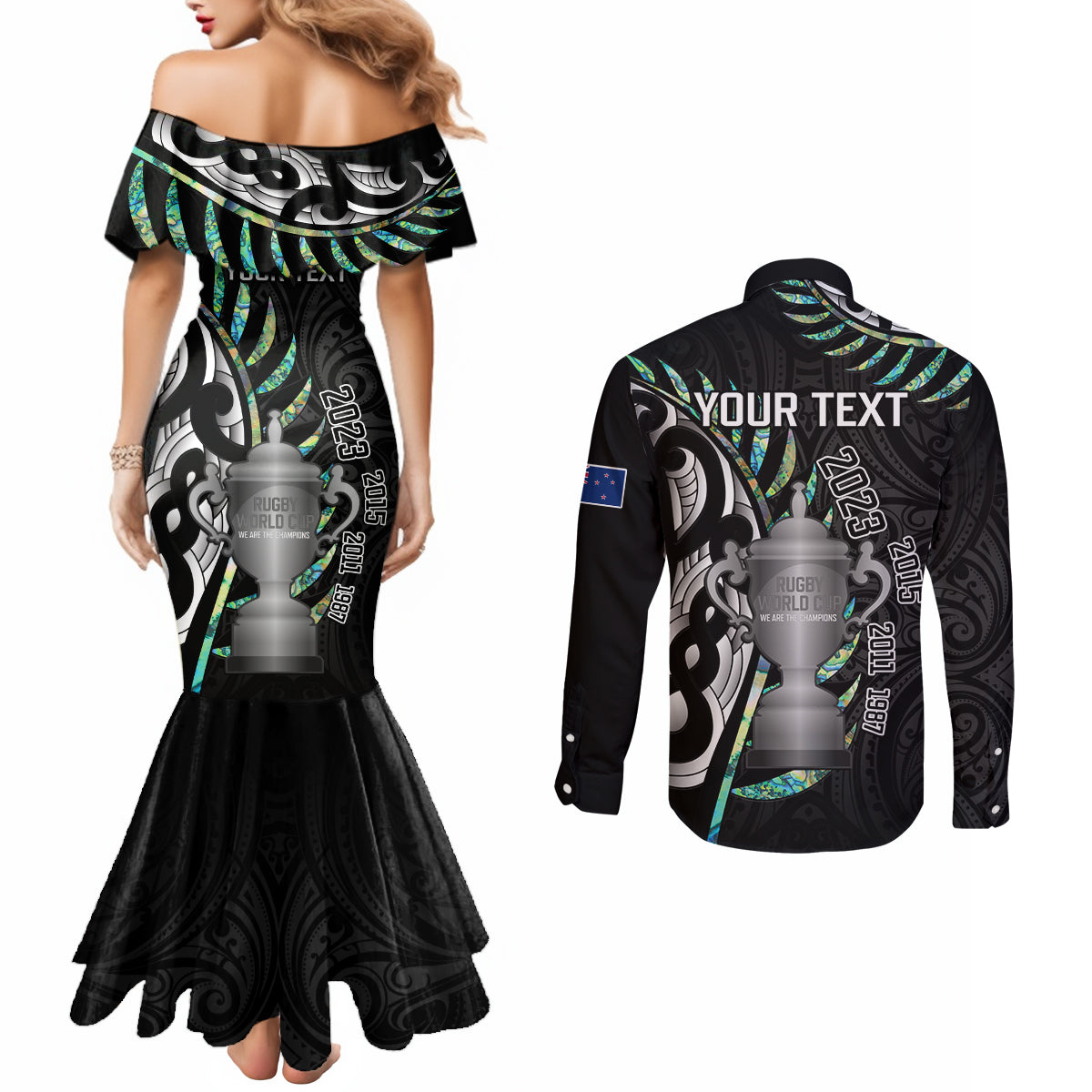 Personalised New Zealand Silver Fern Rugby Couples Matching Mermaid Dress and Long Sleeve Button Shirt Paua Shell With Champions Trophy History NZ Forever LT14 - Polynesian Pride
