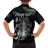 Personalised New Zealand Silver Fern Rugby Family Matching Off Shoulder Short Dress and Hawaiian Shirt Paua Shell With Champions Trophy History NZ Forever LT14 - Polynesian Pride