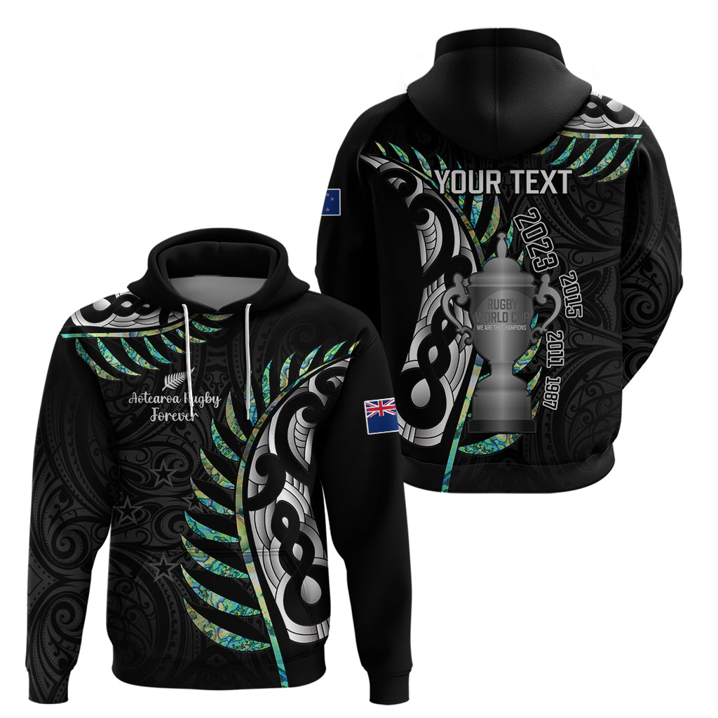 Personalised New Zealand Silver Fern Rugby Hoodie Paua Shell With Champions Trophy History NZ Forever LT14 Black - Polynesian Pride