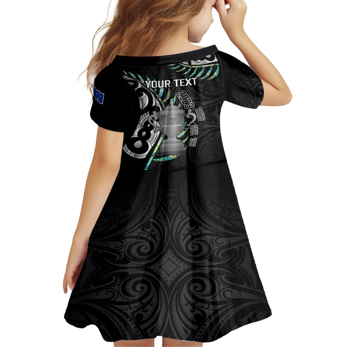 Personalised New Zealand Silver Fern Rugby Kid Short Sleeve Dress Paua Shell With Champions Trophy History NZ Forever LT14 - Polynesian Pride