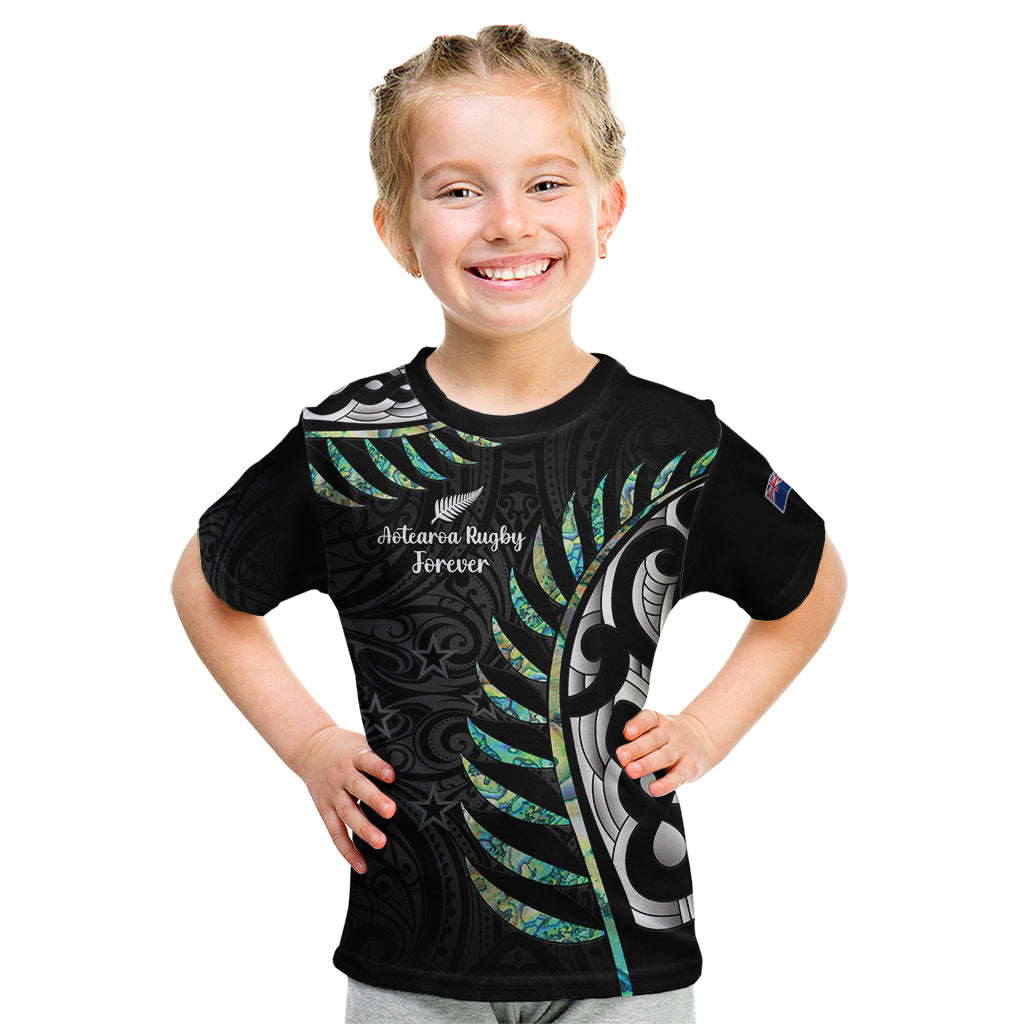 Personalised New Zealand Silver Fern Rugby Kid T Shirt Paua Shell With Champions Trophy History NZ Forever LT14 Black - Polynesian Pride