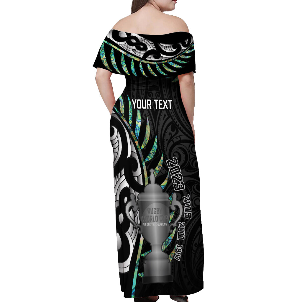 Personalised New Zealand Silver Fern Rugby Off Shoulder Maxi Dress Paua Shell With Champions Trophy History NZ Forever LT14 - Polynesian Pride