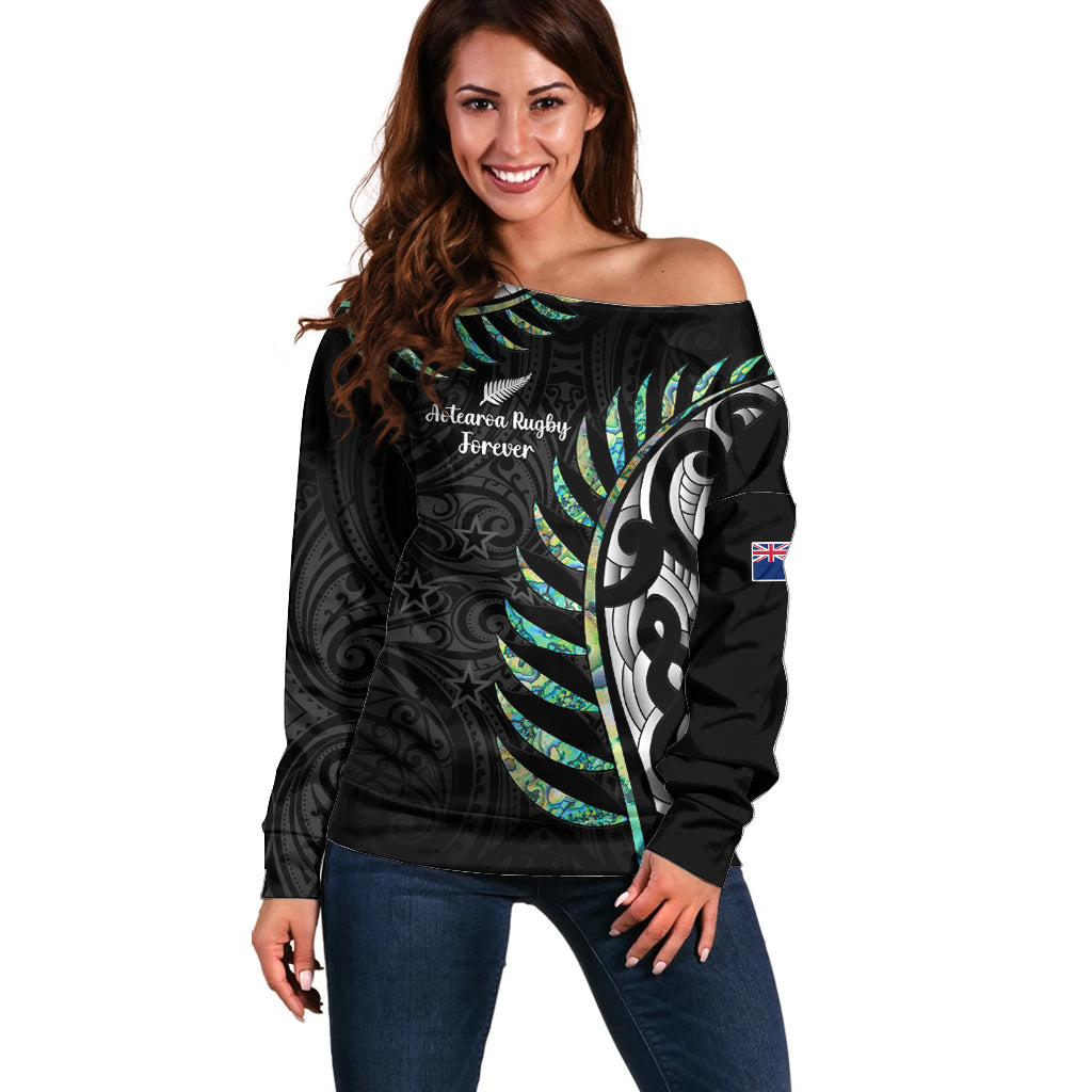 Personalised New Zealand Silver Fern Rugby Off Shoulder Sweater Paua Shell With Champions Trophy History NZ Forever LT14 Women Black - Polynesian Pride