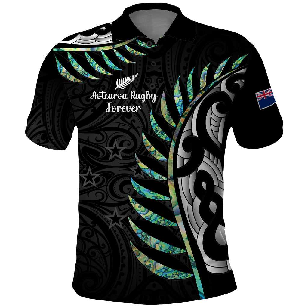 Personalised New Zealand Silver Fern Rugby Polo Shirt Paua Shell With Champions Trophy History NZ Forever LT14 Black - Polynesian Pride