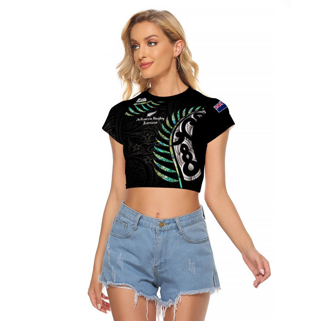 Personalised New Zealand Silver Fern Rugby Raglan Cropped T Shirt Paua Shell With Champions Trophy History NZ Forever LT14 Female Black - Polynesian Pride