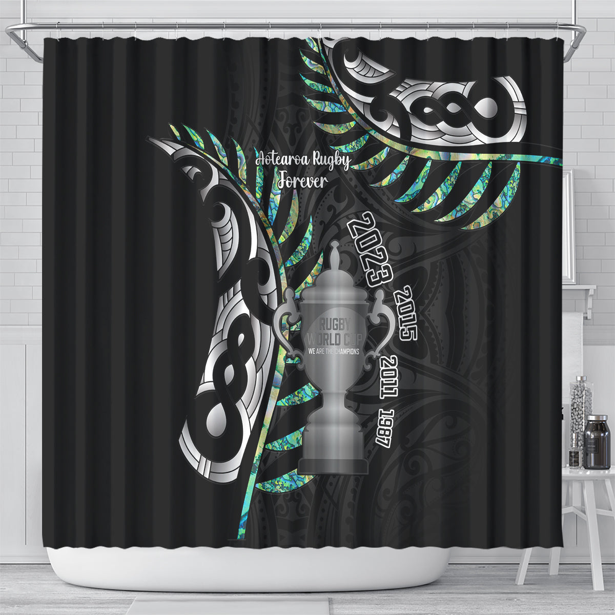 Personalised New Zealand Silver Fern Rugby Shower Curtain Paua Shell With Champions Trophy History NZ Forever LT14 - Polynesian Pride