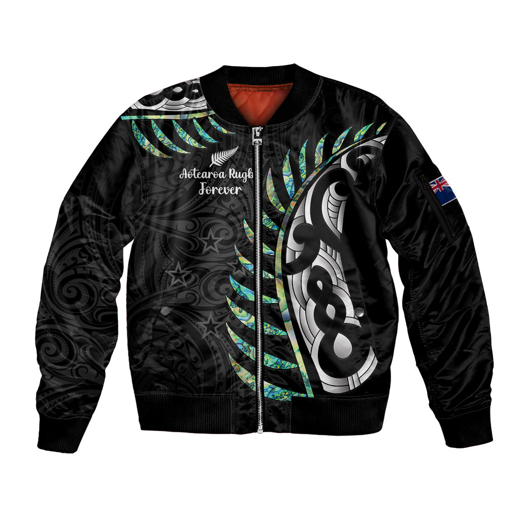 Personalised New Zealand Silver Fern Rugby Sleeve Zip Bomber Jacket Paua Shell With Champions Trophy History NZ Forever LT14 Unisex Black - Polynesian Pride