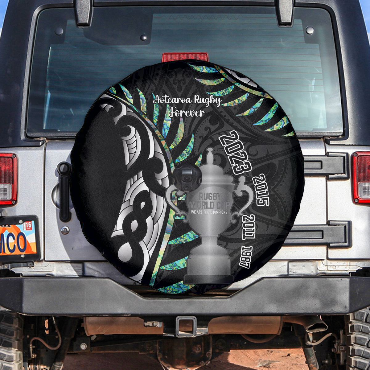 Personalised New Zealand Silver Fern Rugby Spare Tire Cover Paua Shell With Champions Trophy History NZ Forever LT14 - Polynesian Pride