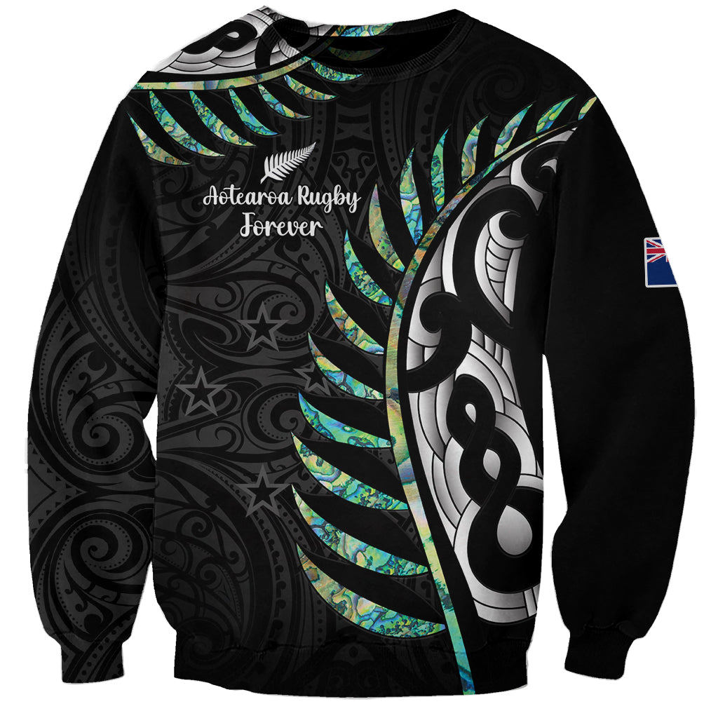 Personalised New Zealand Silver Fern Rugby Sweatshirt Paua Shell With Champions Trophy History NZ Forever LT14 Unisex Black - Polynesian Pride