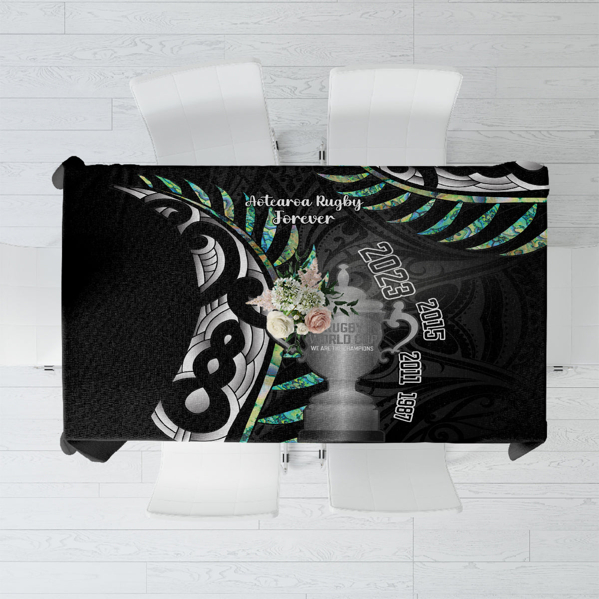 Personalised New Zealand Silver Fern Rugby Tablecloth Paua Shell With Champions Trophy History NZ Forever LT14 Black - Polynesian Pride