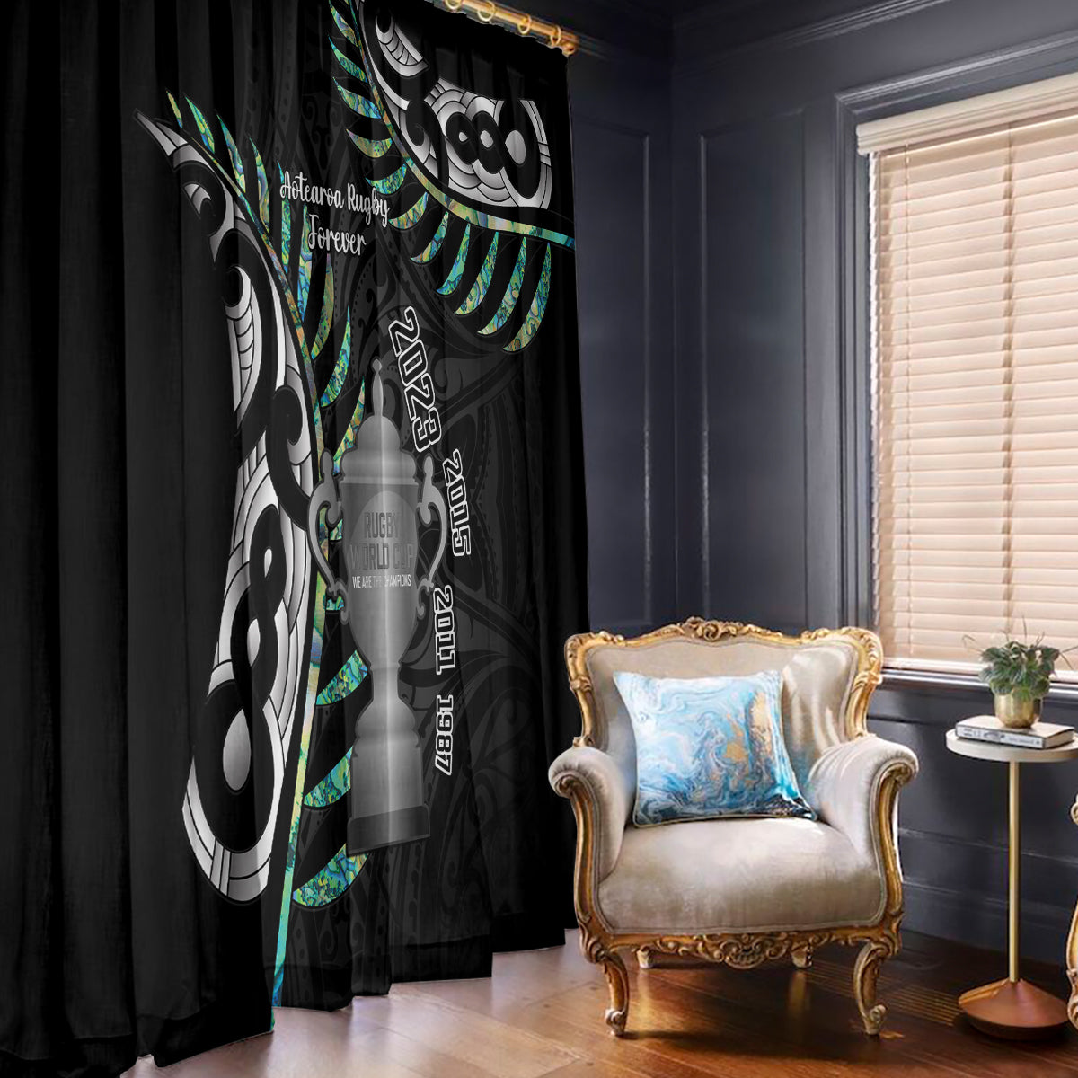 Personalised New Zealand Silver Fern Rugby Window Curtain Paua Shell With Champions Trophy History NZ Forever LT14 With Hooks Black - Polynesian Pride