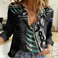 Personalised New Zealand Silver Fern Rugby Women Casual Shirt Paua Shell With Champions Trophy History NZ Forever LT14 Female Black - Polynesian Pride