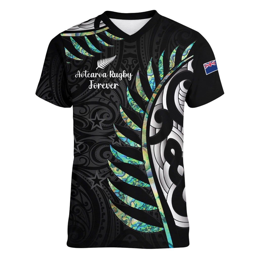 Personalised New Zealand Silver Fern Rugby Women V Neck T Shirt Paua Shell With Champions Trophy History NZ Forever LT14 Female Black - Polynesian Pride
