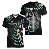 Personalised New Zealand Silver Fern Rugby Women V Neck T Shirt Paua Shell With Champions Trophy History NZ Forever LT14 - Polynesian Pride