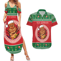Personalized Hawaii Christmas Couples Matching Summer Maxi Dress and Hawaiian Shirt Tiki Santa Mele Kalikimaka LT14 Red - Polynesian Pride