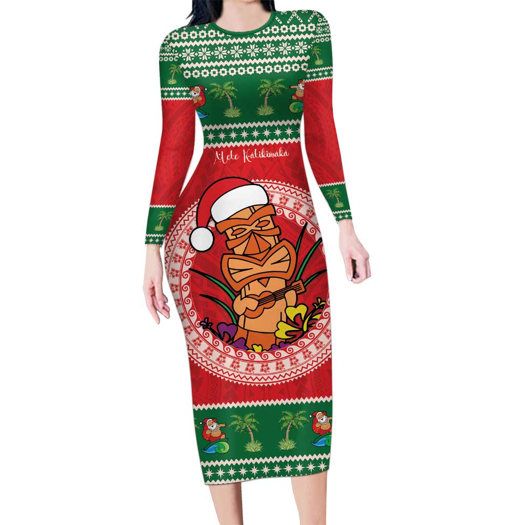 Personalized Hawaii Christmas Family Matching Long Sleeve Bodycon Dress and Hawaiian Shirt Tiki Santa Mele Kalikimaka