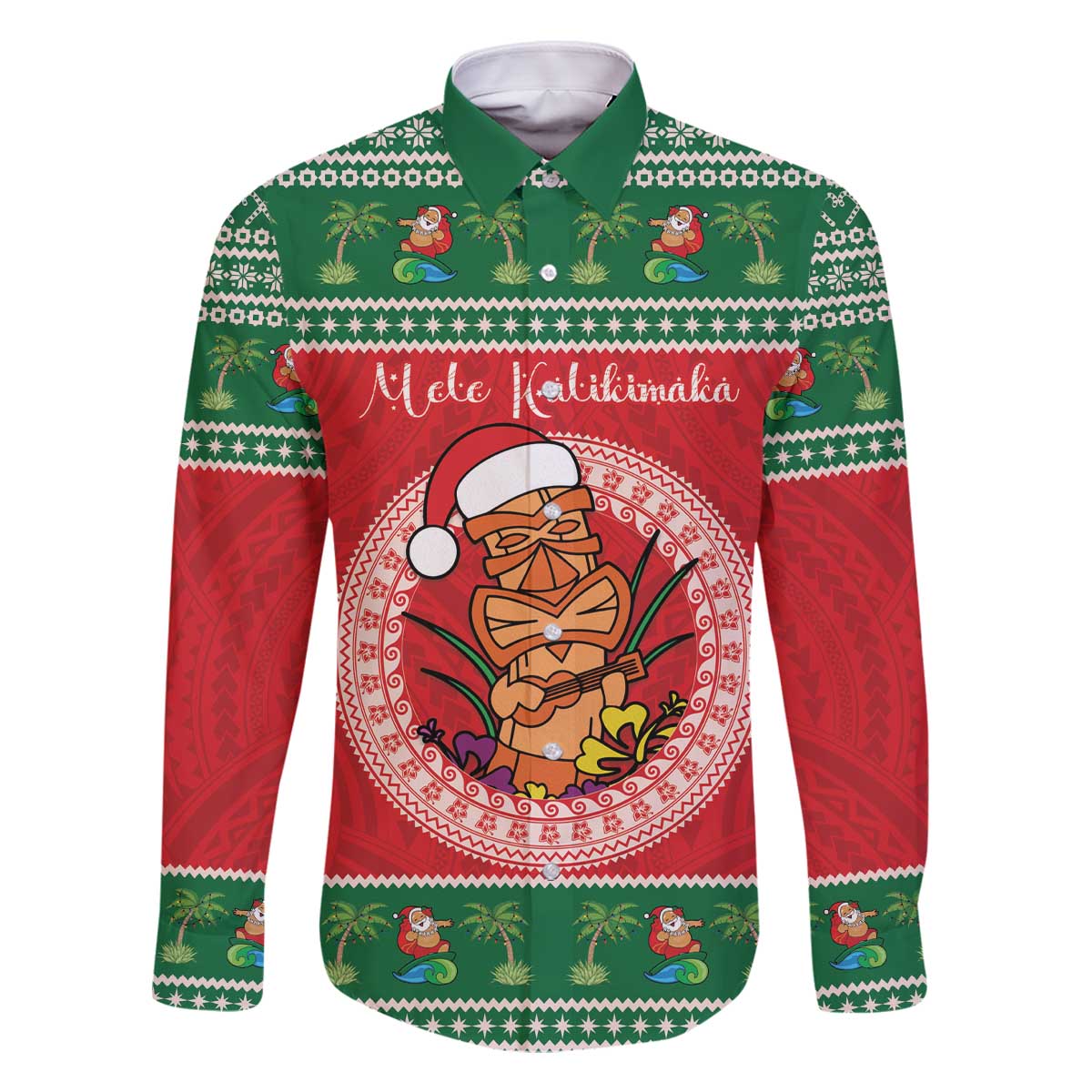 Personalized Hawaii Christmas Family Matching Off The Shoulder Long Sleeve Dress and Hawaiian Shirt Tiki Santa Mele Kalikimaka LT14 Dad's Shirt - Long Sleeve Red - Polynesian Pride