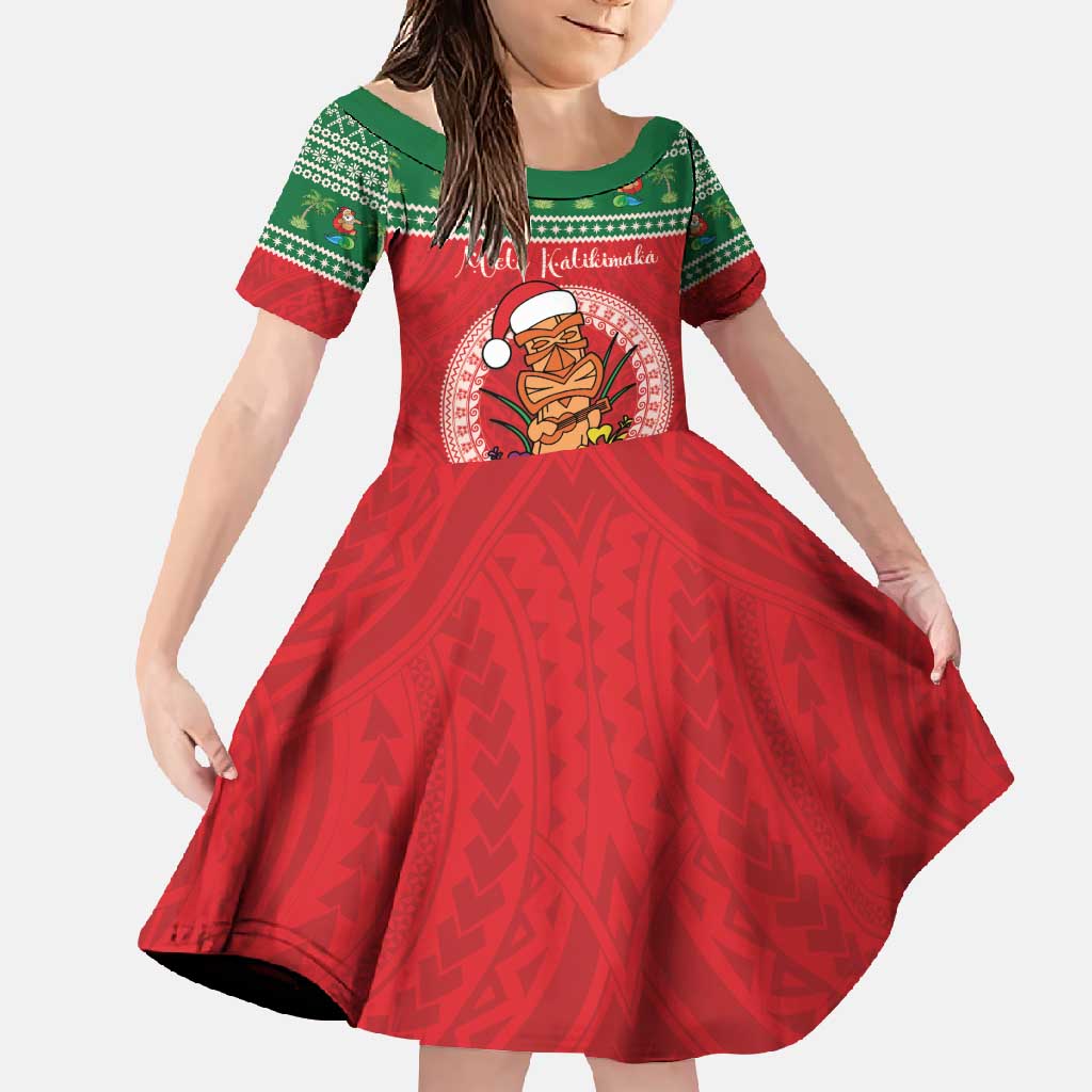 Personalized Hawaii Christmas Family Matching Tank Maxi Dress and Hawaiian Shirt Tiki Santa Mele Kalikimaka LT14 Daughter's Dress Red - Polynesian Pride