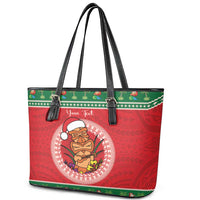 Personalized Hawaii Christmas Leather Tote Bag Tiki Santa Mele Kalikimaka