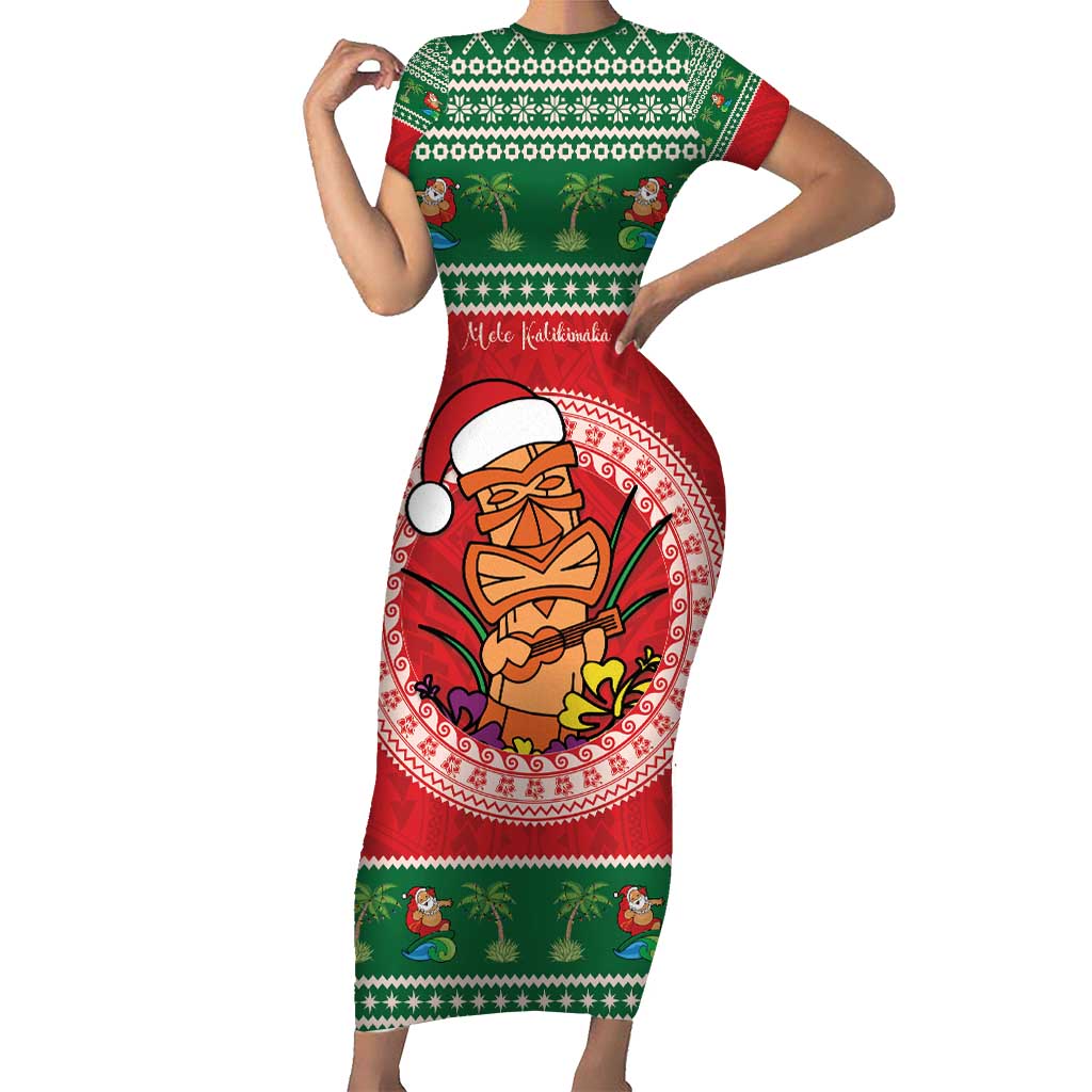 Personalized Hawaii Christmas Short Sleeve Bodycon Dress Tiki Santa Mele Kalikimaka LT14 Long Dress Red - Polynesian Pride