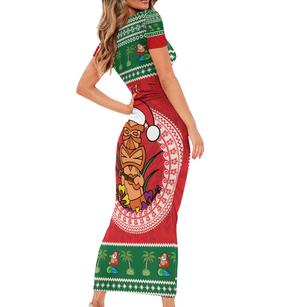 Personalized Hawaii Christmas Short Sleeve Bodycon Dress Tiki Santa Mele Kalikimaka LT14 - Polynesian Pride