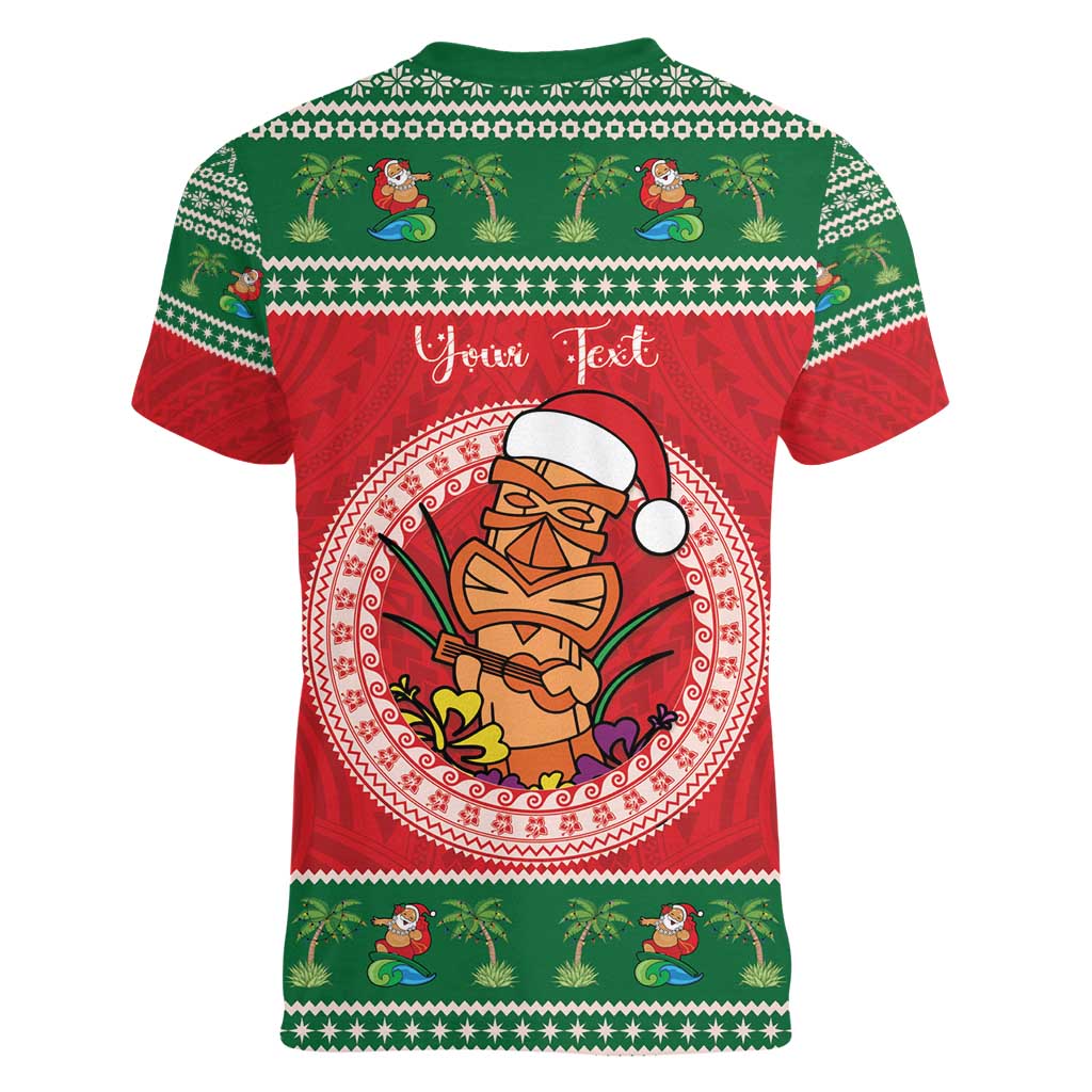 Personalized Hawaii Christmas Women V-Neck T-Shirt Tiki Santa Mele Kalikimaka LT14 - Polynesian Pride