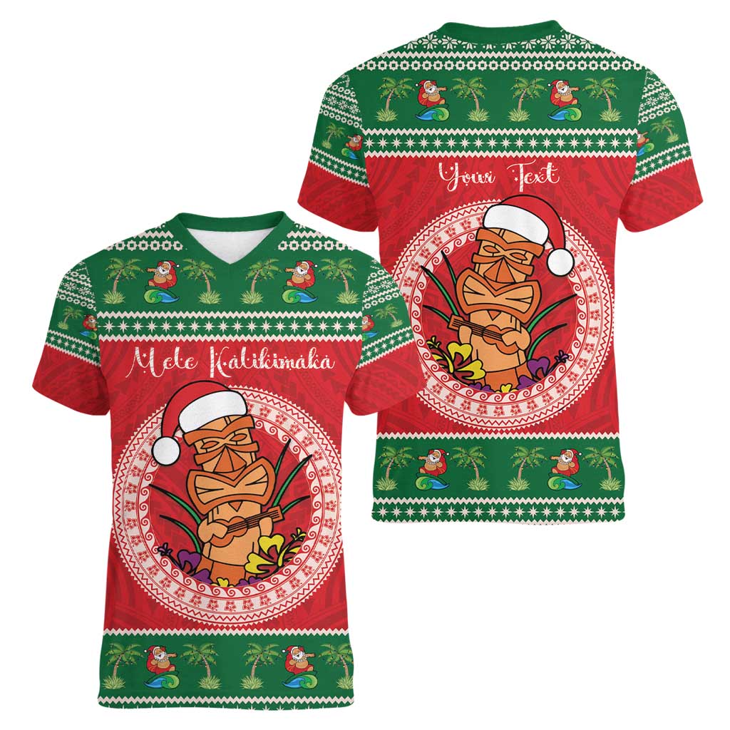 Personalized Hawaii Christmas Women V-Neck T-Shirt Tiki Santa Mele Kalikimaka LT14 - Polynesian Pride