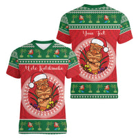 Personalized Hawaii Christmas Women V-Neck T-Shirt Tiki Santa Mele Kalikimaka LT14 - Polynesian Pride