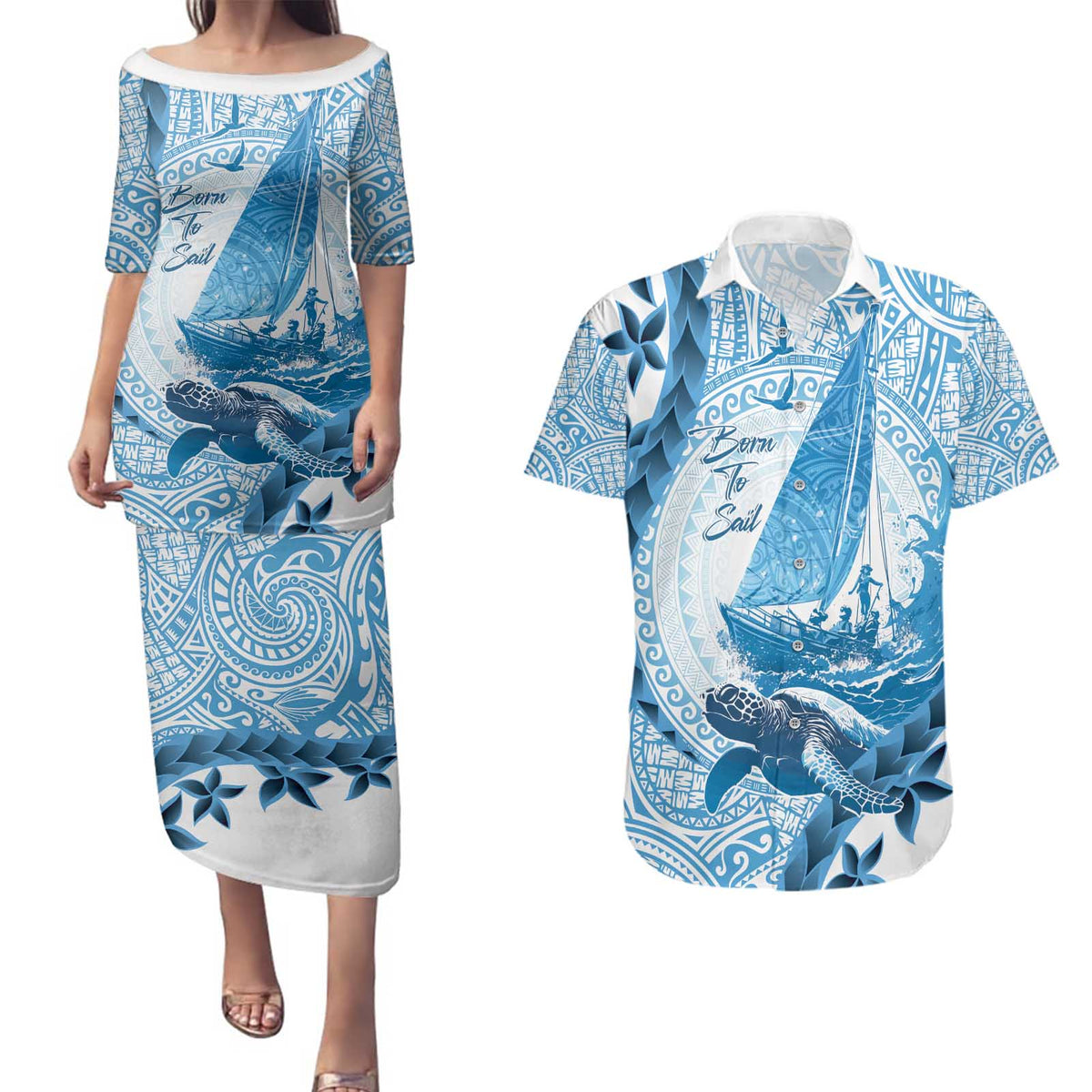 New Zealand Saling Couples Matching Puletasi and Hawaiian Shirt Aotearoa Yacht Racing - Born To Sail