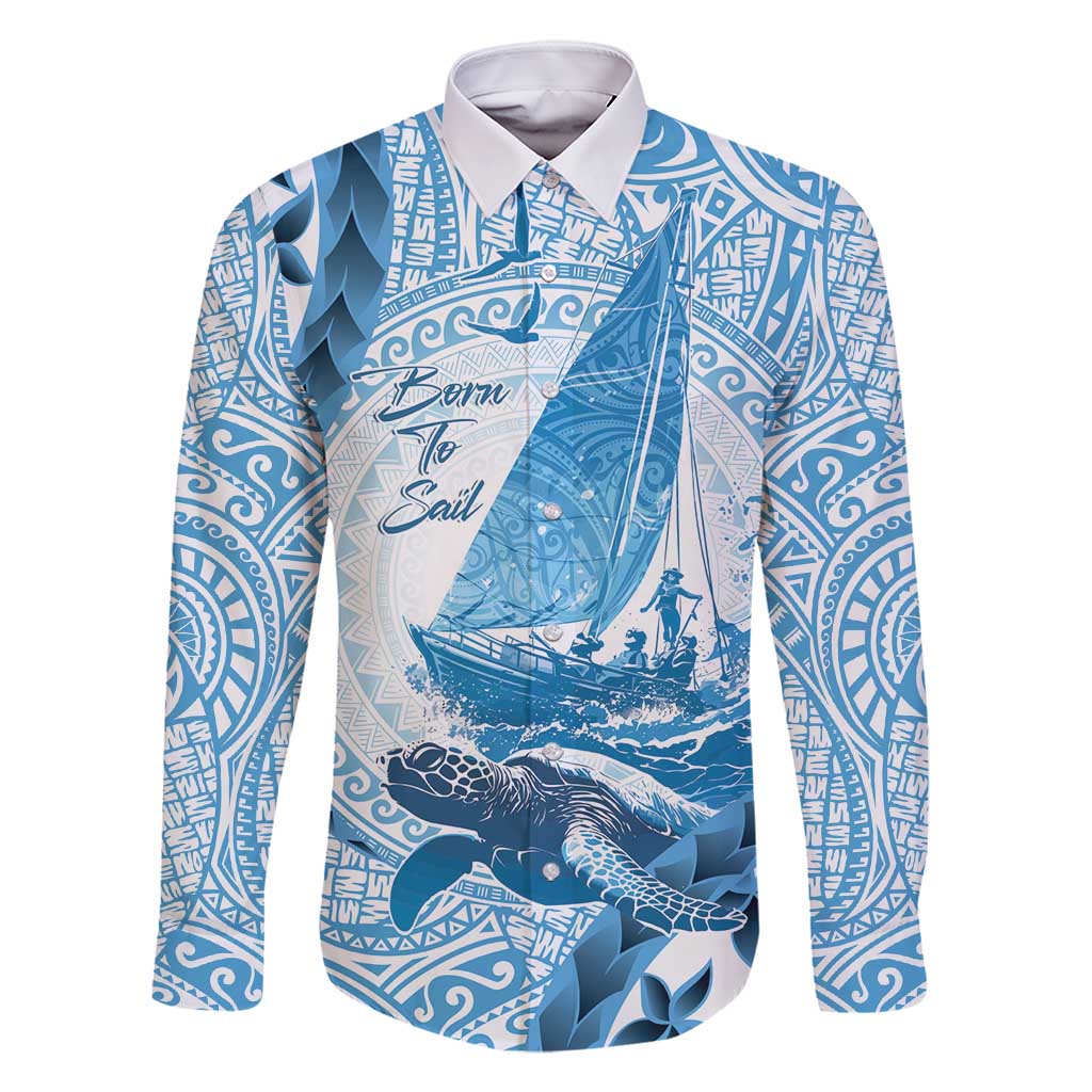 New Zealand Sailing Family Matching Mermaid Dress and Hawaiian Shirt Aotearoa Yacht Racing - Born To Sail LT14 Dad's Shirt - Long Sleeve Blue - Polynesian Pride