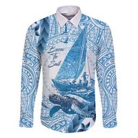 New Zealand Sailing Family Matching Tank Maxi Dress and Hawaiian Shirt Aotearoa Yacht Racing - Born To Sail LT14 Dad's Shirt - Long Sleeve Blue - Polynesian Pride