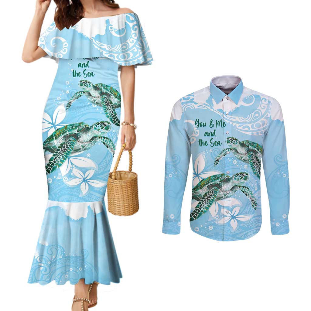 Personalised Polynesia Valentine's Day Couples Matching Mermaid Dress and Long Sleeve Button Shirt SeaTurtle Couple Polynesian - Fairy Sparkles Color LT14 Blue - Polynesian Pride