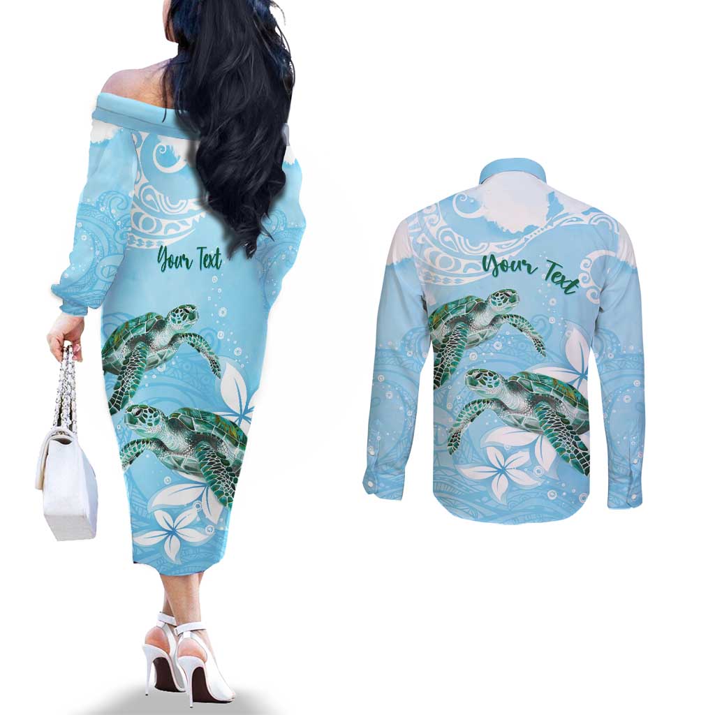 Personalised Polynesia Valentine's Day Couples Matching Off The Shoulder Long Sleeve Dress and Long Sleeve Button Shirt SeaTurtle Couple Polynesian - Fairy Sparkles Color
