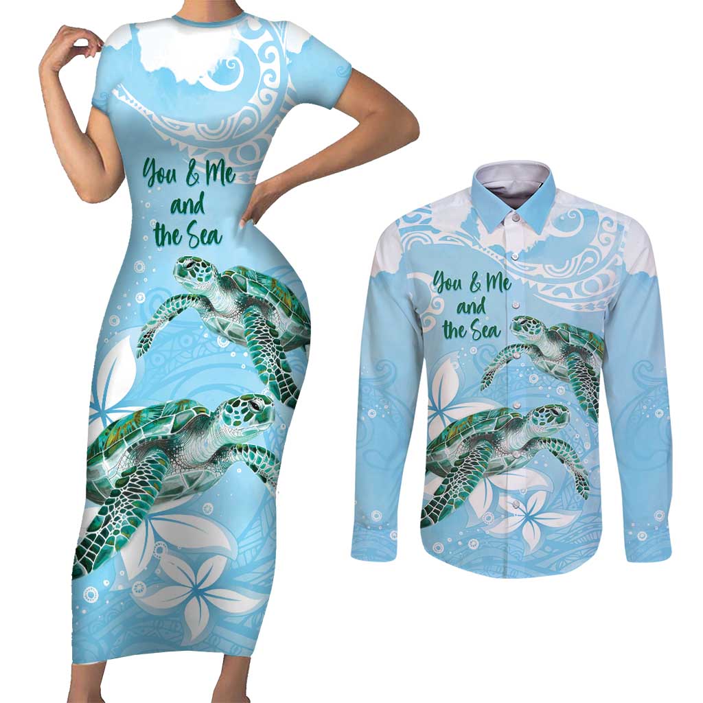 Personalised Polynesia Valentine's Day Couples Matching Short Sleeve Bodycon Dress and Long Sleeve Button Shirt SeaTurtle Couple Polynesian - Fairy Sparkles Color LT14 Blue - Polynesian Pride