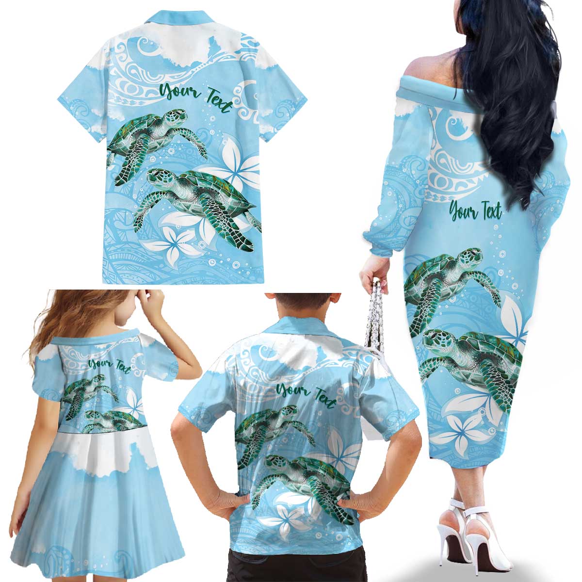 Personalised Polynesia Valentine's Day Family Matching Off The Shoulder Long Sleeve Dress and Hawaiian Shirt SeaTurtle Couple Polynesian - Fairy Sparkles Color
