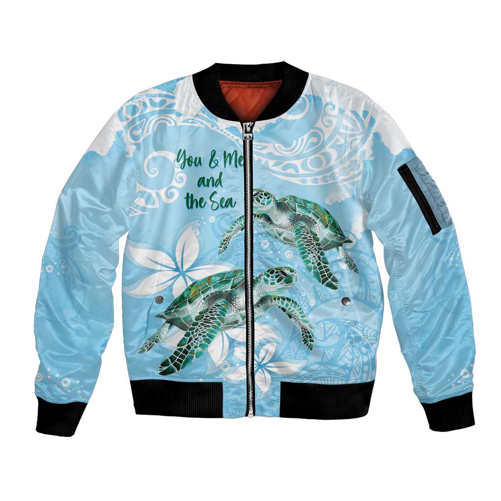 Personalised Polynesia Valentine's Day Sleeve Zip Bomber Jacket SeaTurtle Couple Polynesian - Fairy Sparkles Color LT14 Unisex Blue - Polynesian Pride