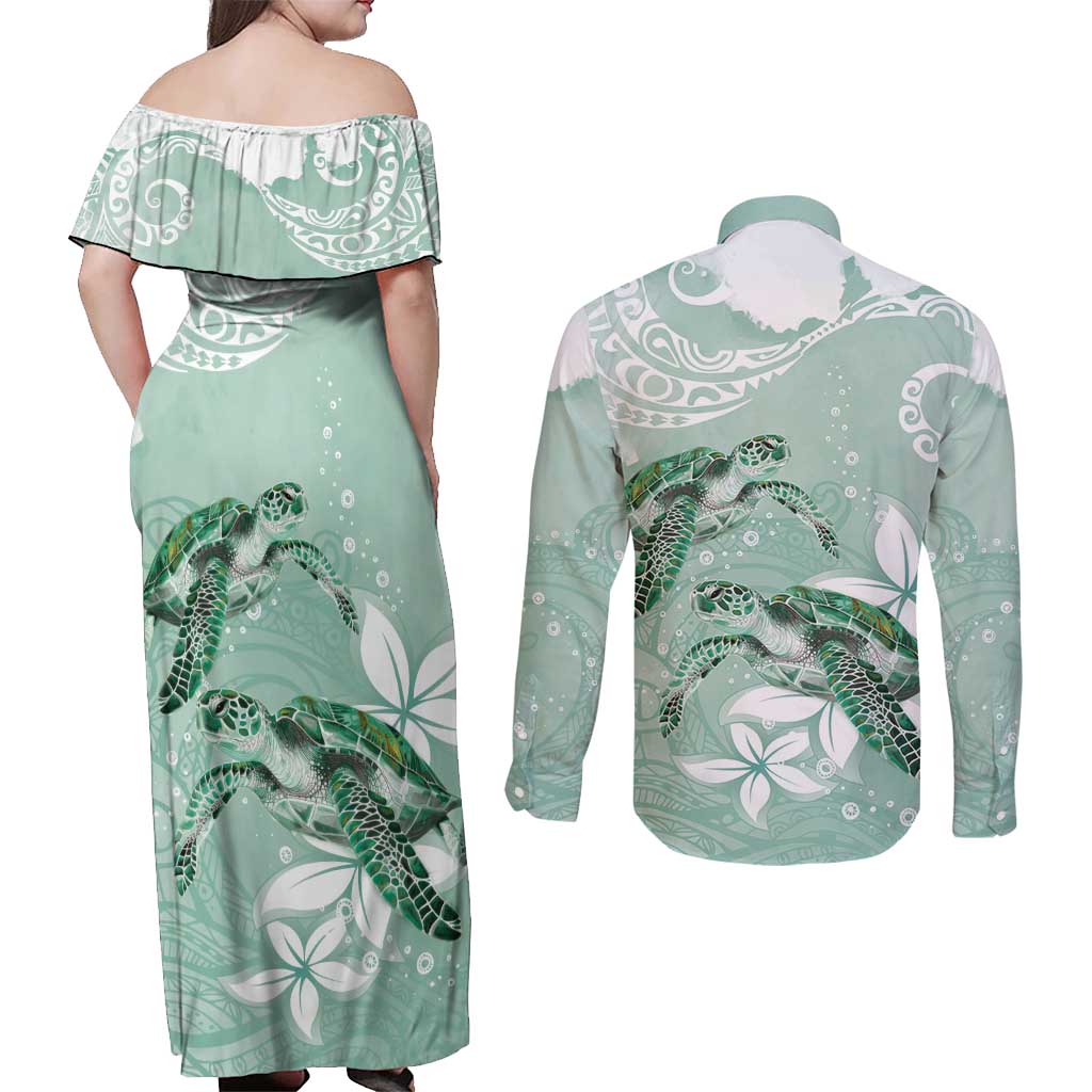 Happy Valentine's Day Polynesia Couples Matching Off Shoulder Maxi Dress and Long Sleeve Button Shirt SeaTurtle Couple Polynesian - Green Lester Color