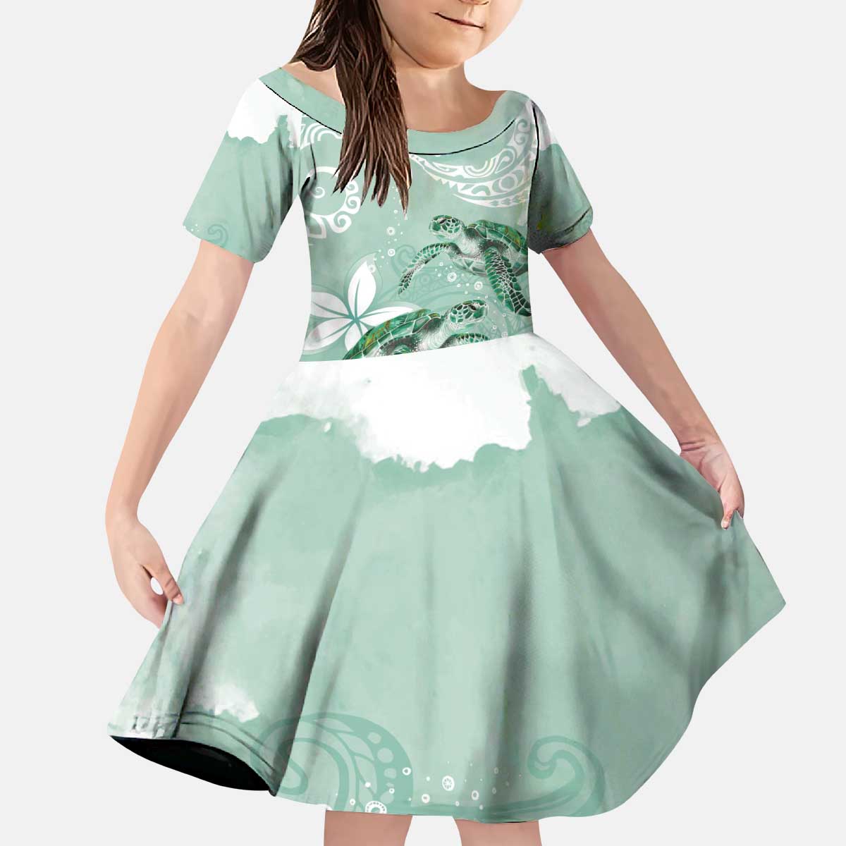 Happy Valentine's Day Polynesia Kid Short Sleeve Dress SeaTurtle Couple Polynesian - Green Lester Color LT14 KID Green - Polynesian Pride